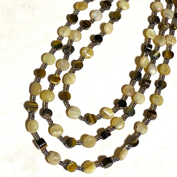 Tiger's Eye & Yellow Opal 3 Layer Statement Necklace w/ Natural Gemstones - Picture 4 of 12